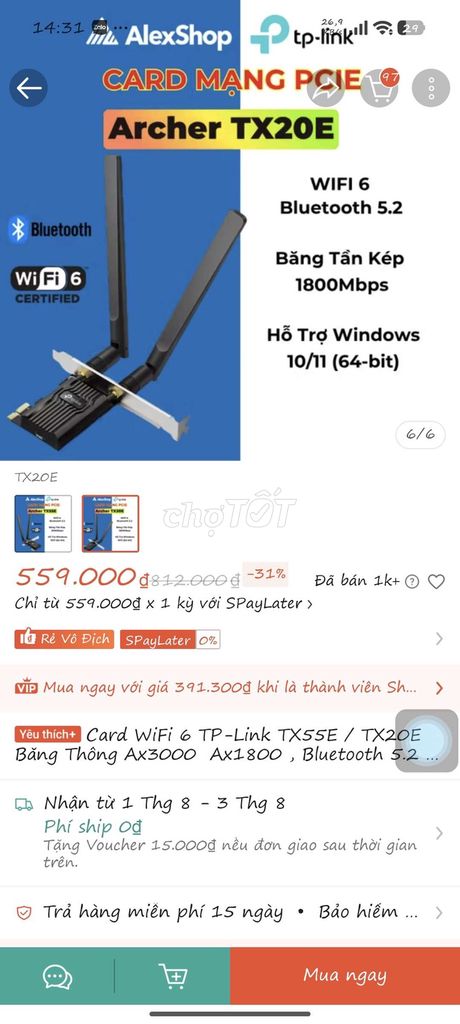 Card WiFi 6 + Bluetooth TP-Link Archer TX20E. Mua bán Linh kiện (RAM, Card...) tại Quận Sơn Trà Đà Nẵng được đăng bởi KhắcGiang hình 1