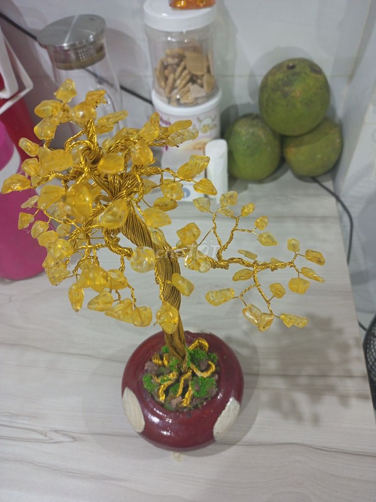 Bonsai phong thủy Dây đồng đá thạch anh Vàng
