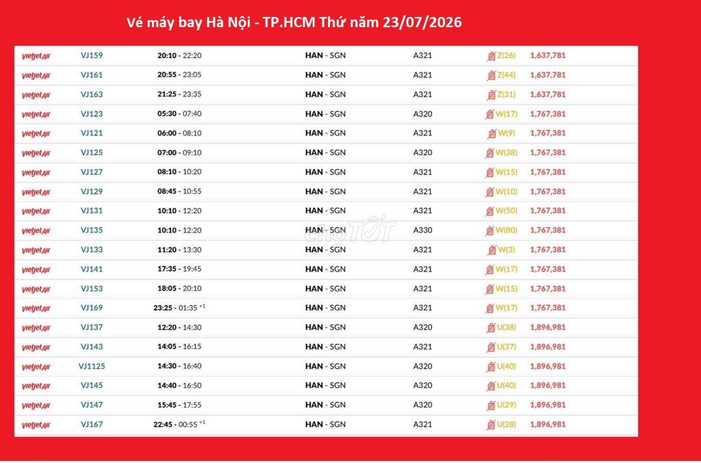 Vé máy bay  Hà Nội - TP.HCM Thứ năm 23/07/2026. Du lịch tại Quận 6 Tp Hồ Chí Minh được đăng bởi Nguyễn Minh Đức hình 1