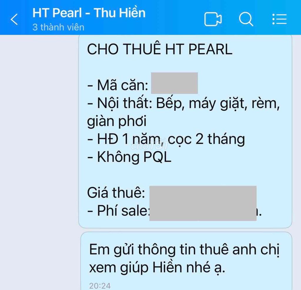 Hiền chuyên HT PEARL cho thuê trống 6tr 2PN 72m2 nhà sẵn