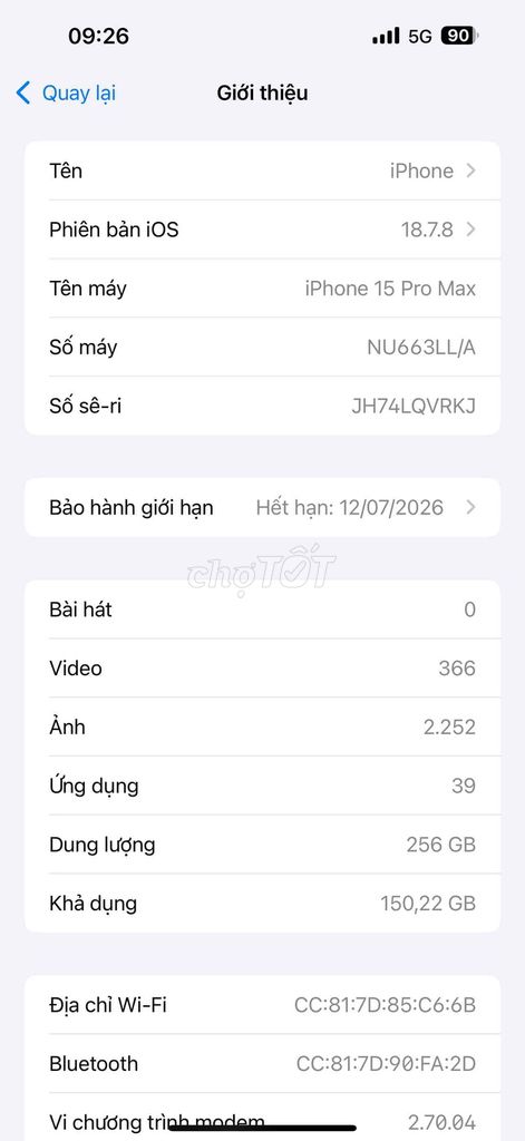 iPhone 15 Pro Max 256GB Đen 93%. Mua bán Điện thoại tại Thành phố Buôn Ma Thuột Đắk Lắk được đăng bởi Thao hình 1