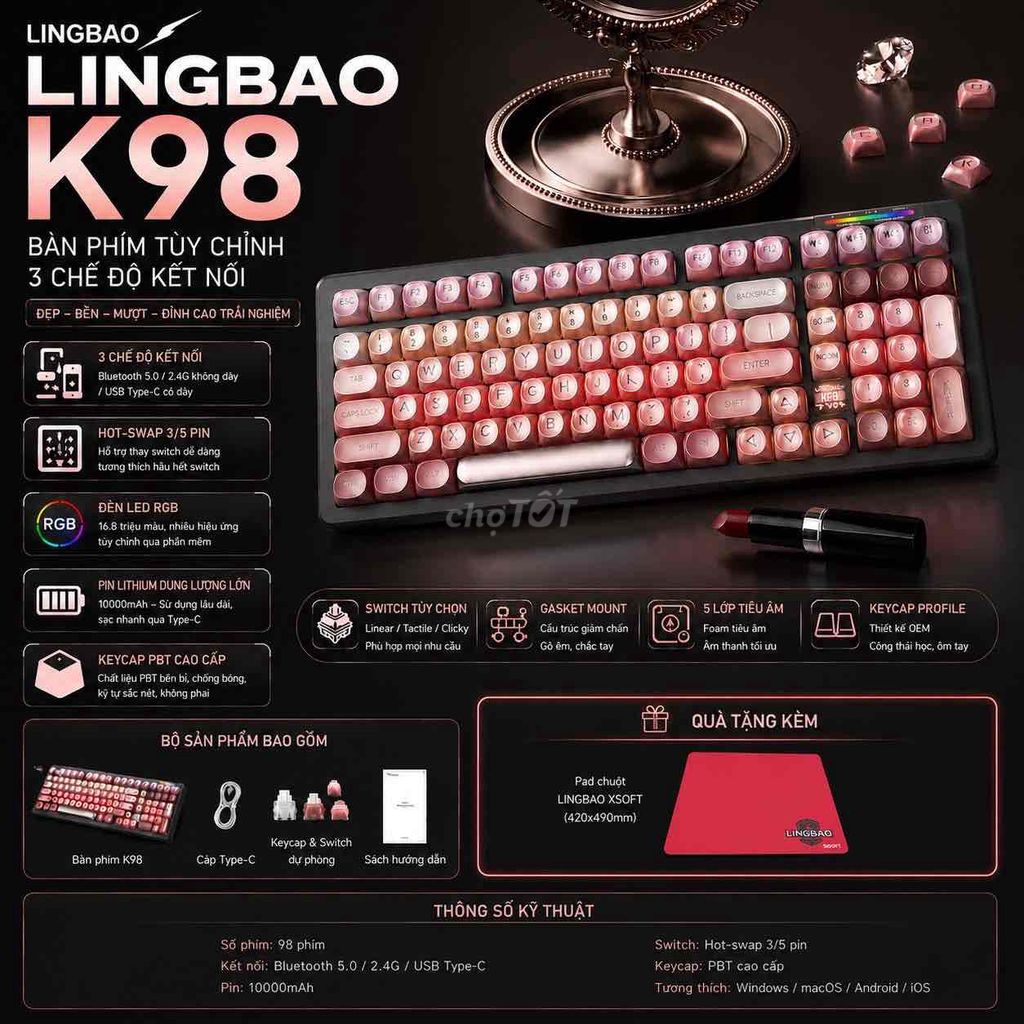 Lingbao K98 new kèm keycap moa pad chuột. Mua bán Phụ kiện (Màn hình, Chuột...) tại Huyện Trần Đề Sóc Trăng được đăng bởi Kim Pái hình 1