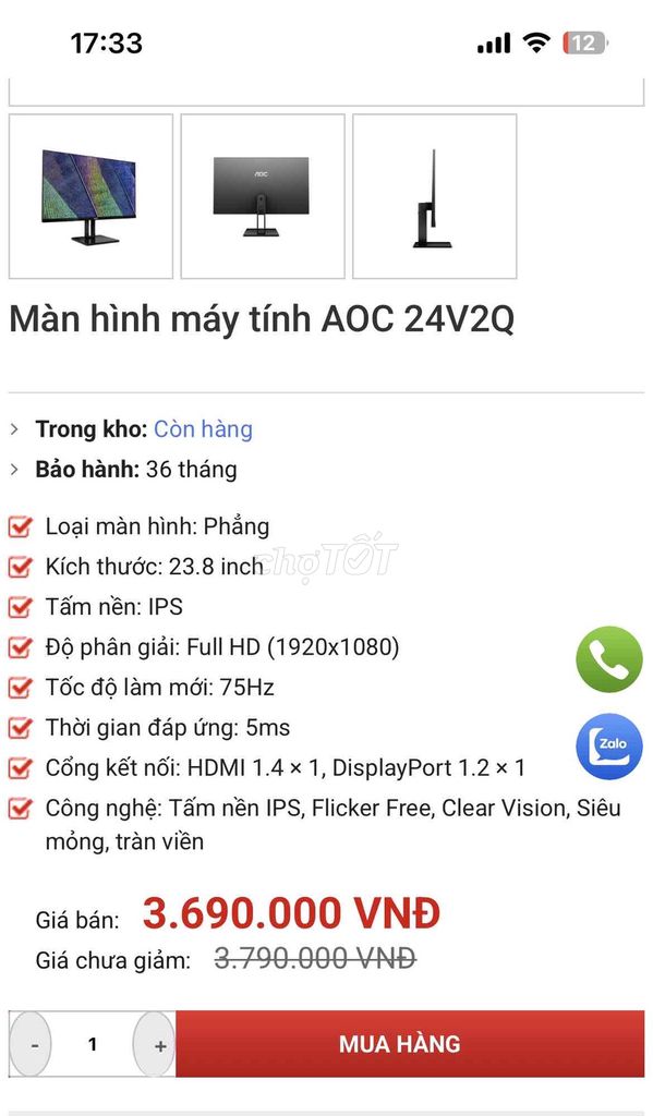 Màn hình máy tính AOC 24in IPS 75Hz Full HD. Mua bán Phụ kiện (Màn hình, Chuột...) tại Quận Gò Vấp Tp Hồ Chí Minh được đăng bởi Hiến Nguyễn hình 1