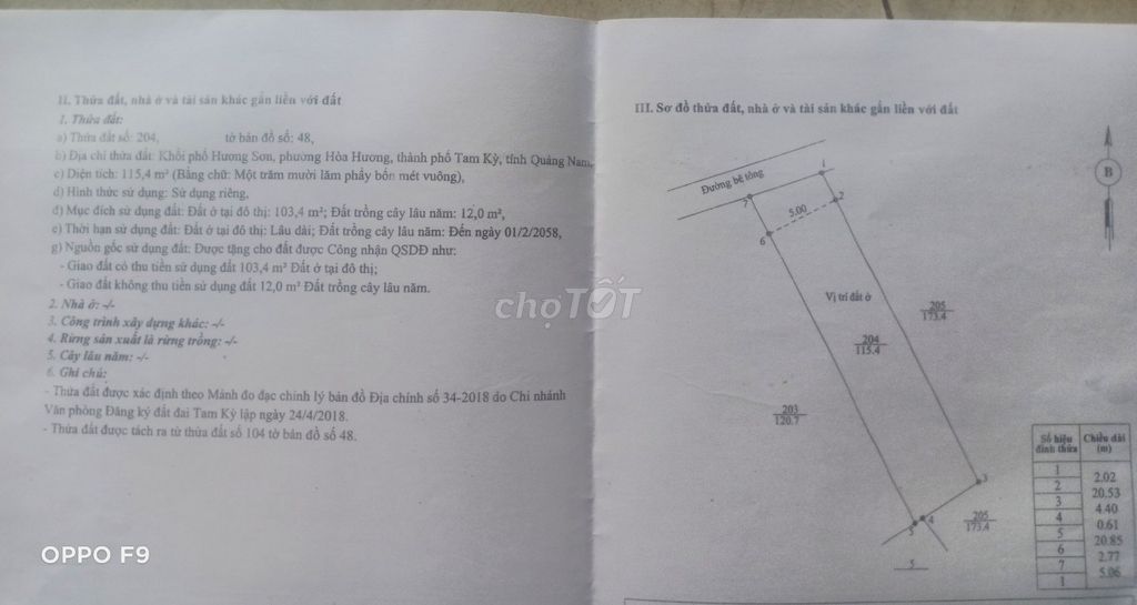 Đất sổ đỏ 115m2 P. Hòa Hương, TP. Tam Kỳ