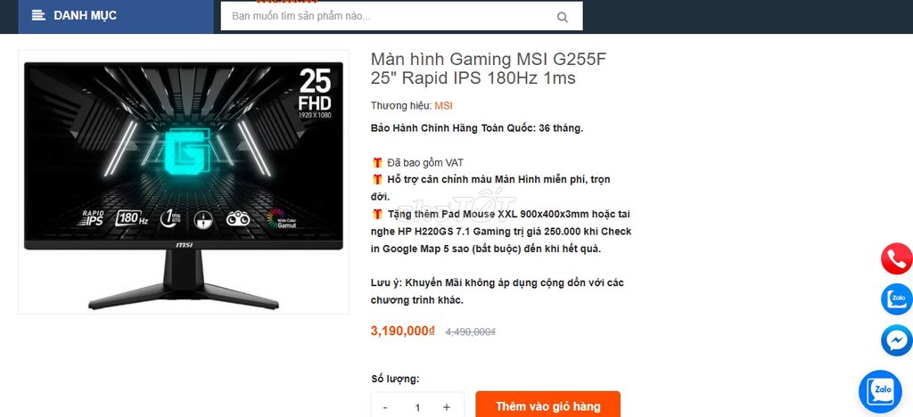 Msi IPS G255F 25" 180hz Full Box, chưa sử dụng