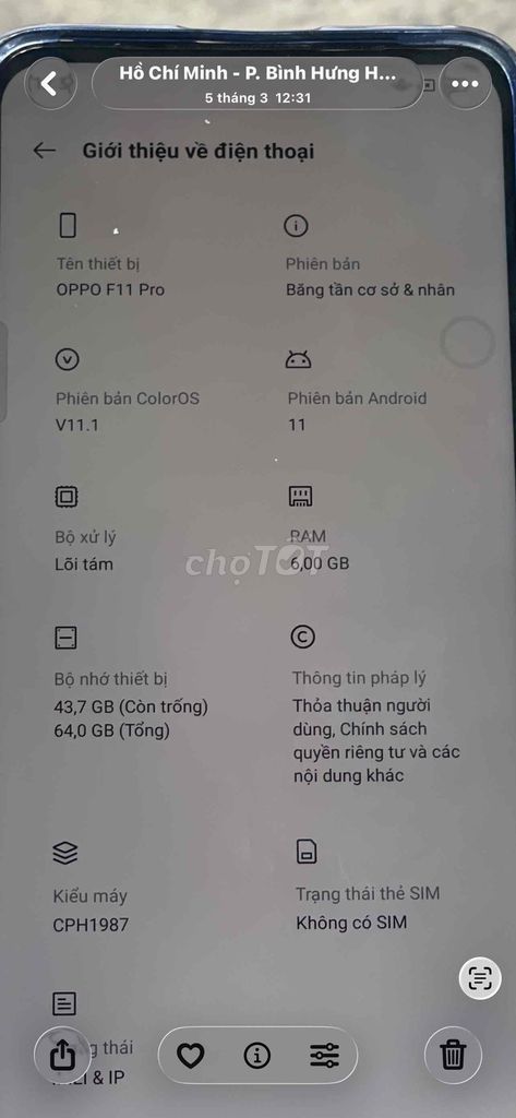 oppo f11pro ram 6/64g full 2 sim. Mua bán Điện thoại tại Quận Bình Tân Tp Hồ Chí Minh được đăng bởi Tuấn hình 1
