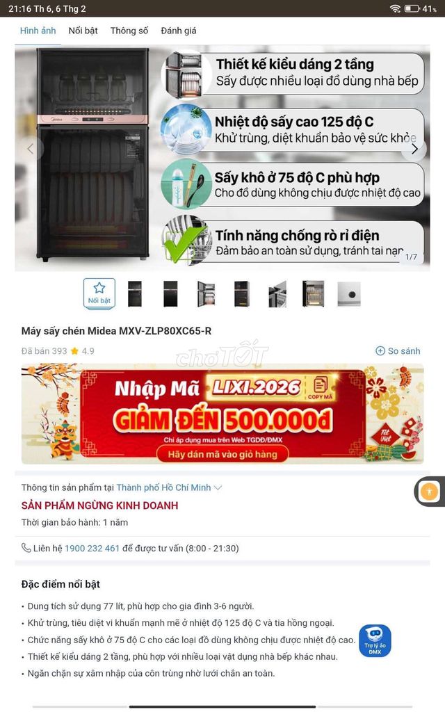 Máy sấy chén Midea MXV-ZLP80XC65-R. Mua bán Bếp, lò, đồ điện nhà bếp tại Quận 7 Tp Hồ Chí Minh được đăng bởi Lê Thắng hình 1