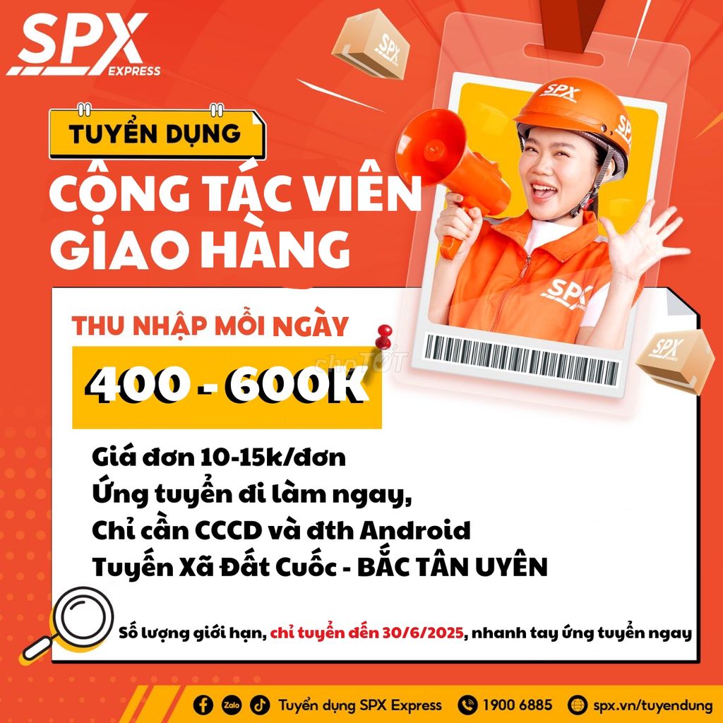 CTV GIAO HÀNG ĐẤT CUỐC BẮC TÂN UYÊN 400-600K/NGÀY. Việc làm Tài xế giao hàng xe máy tại Huyện Bắc Tân Uyên Bình Dương được đăng bởi SPX Express hình 1
