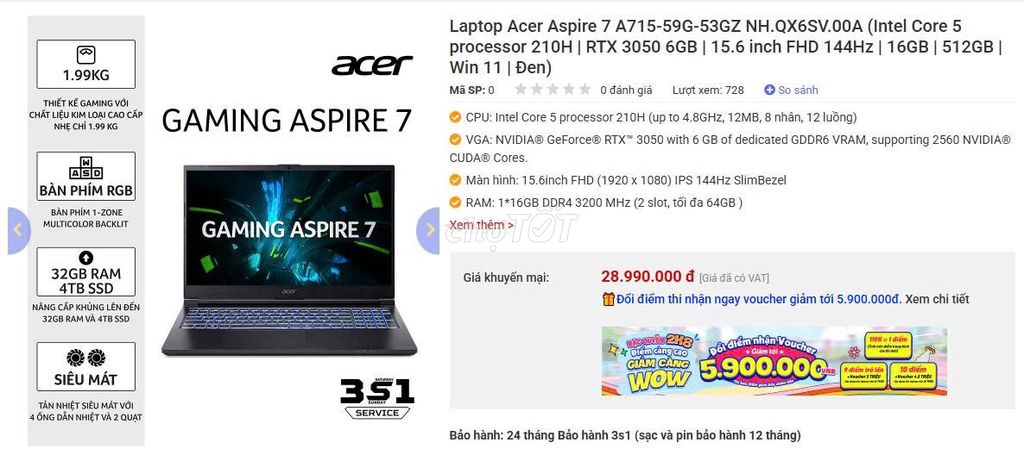 Thanh lý lô hàng Laptop Gaming Acer New full box . Mua bán Laptop tại Huyện Thanh Trì Hà Nội được đăng bởi Trung hình 1