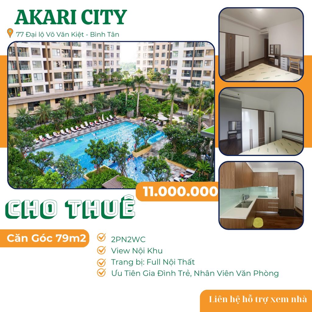 Cho thuê Akari City 79m2 2PN2WC, Full Nội Thất, Tầng Trung, Nội Khu.