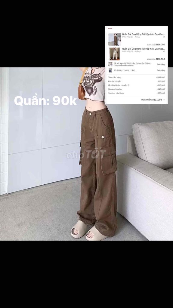 Quần dài túi hộp ống rộng kaki cạp cao