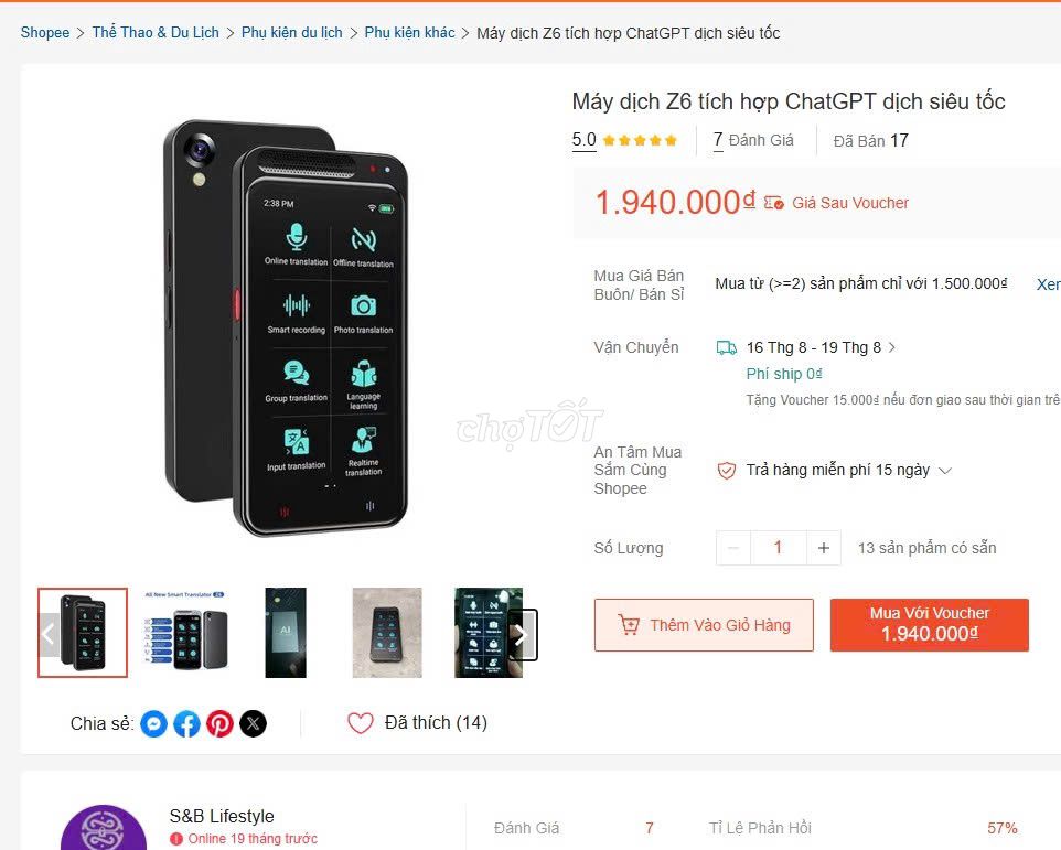 Máy dịch Z6 Đen Tích hợp ChatGPT 138 ngôn ngữ