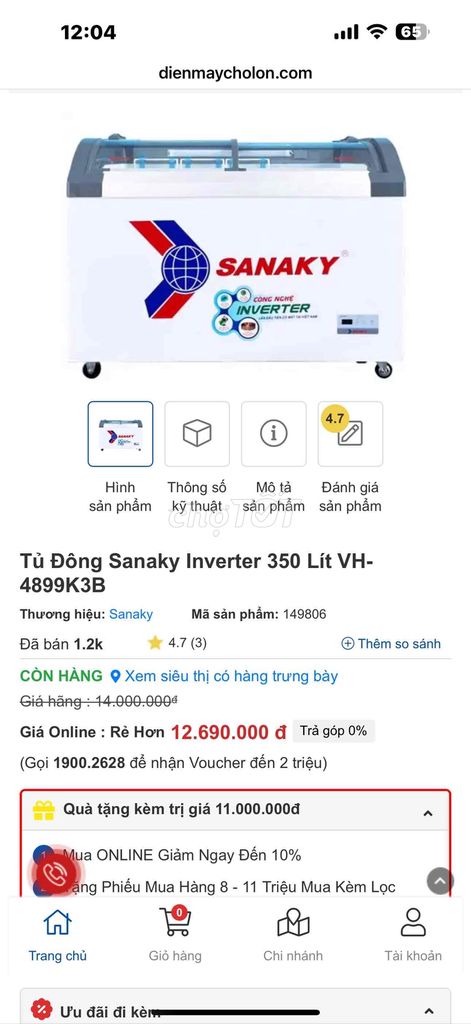tủ đông, còn nguyên thùng, inverter ,350lit