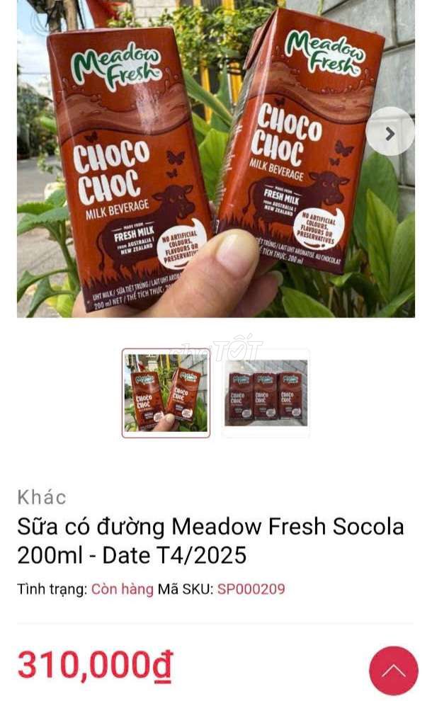 Sữa Meadow Fresh vị Socola thùng 24 hộp 200ml