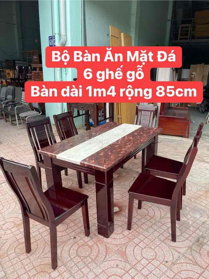 Thanh LÝ Bộ Bàn Ăn Mặt Đá 6 Ghế Gỗ