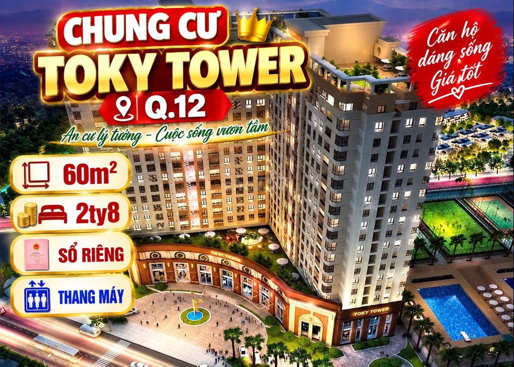 Căn hộ Toky Tower Q12, 56m2, 2PN 2WC, Sổ hồng, gần chợ, 2.8 tỷ