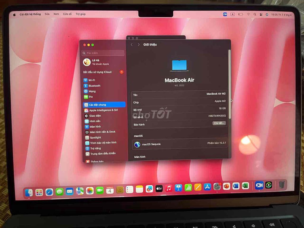 Apple MacBook Air M2 16GB mua TGDD mới nguyên. Mua bán Laptop tại Huyện Thanh Trì Hà Nội được đăng bởi Hoang hình 1