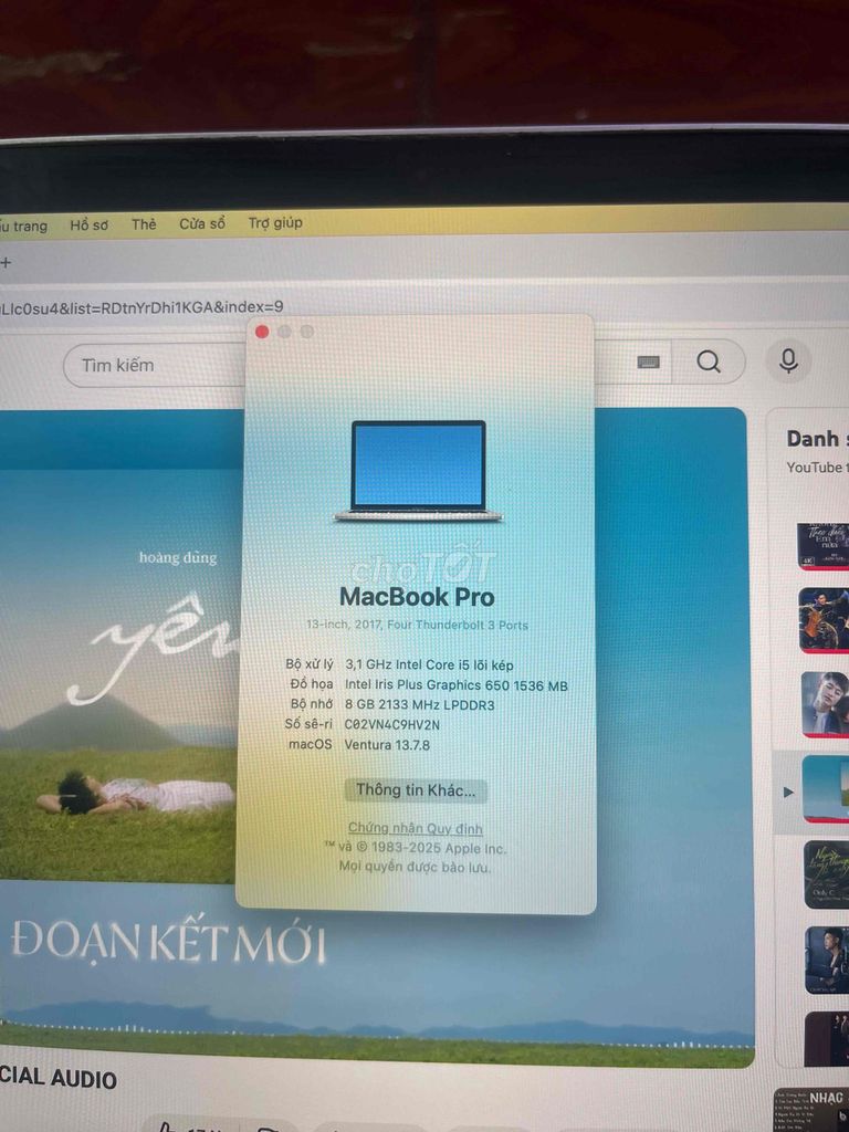 Apple MacBook Pro 2017 i5 8GB/256GB. Mua bán Laptop tại Quận Bắc Từ Liêm Hà Nội được đăng bởi phong villa94 hình 1