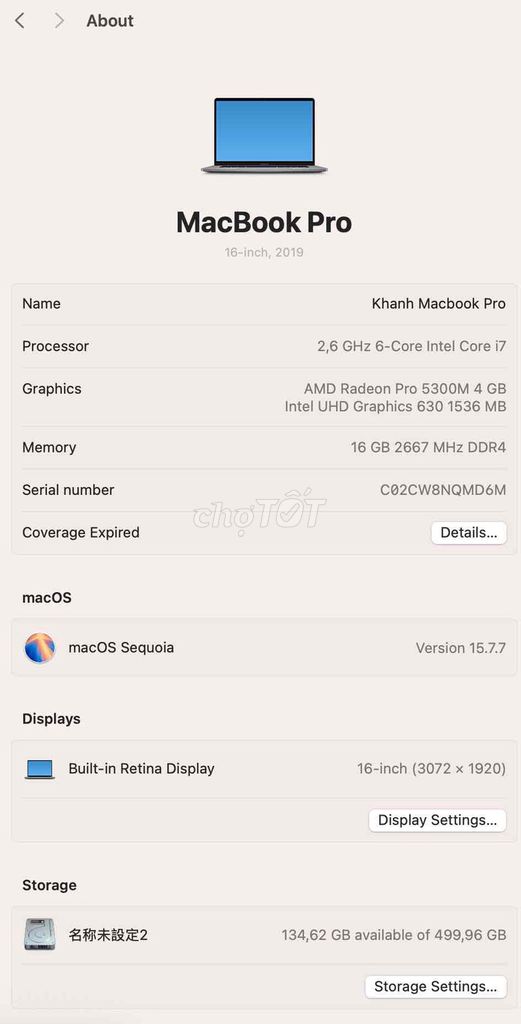 Apple MacBook Pro 2019 i7 16GB/500GB SSD 16 inch. Mua bán Laptop tại Huyện Hướng Hóa Quảng Trị được đăng bởi Mr Kan hình 1