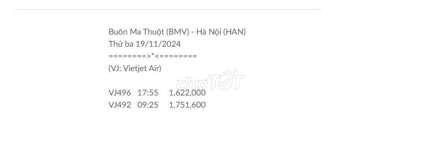 Buôn Ma Thuột (BMV) - Hà Nội  Thứ ba 19/11/2024