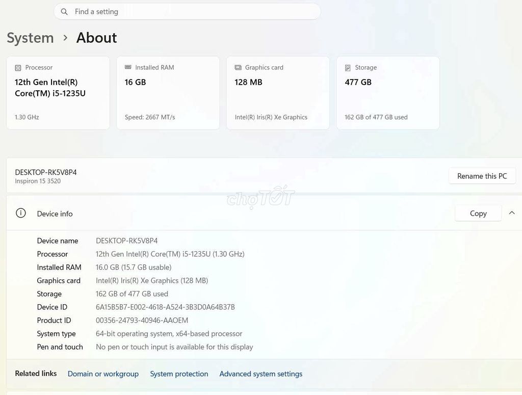 Dell Inspiron 15 i5-1235U 16GB/477GB. Mua bán Laptop tại Thành phố Thuận An Bình Dương được đăng bởi Vanh Lê hình 1
