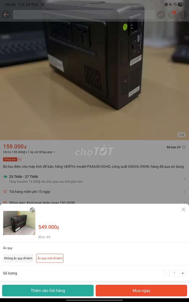 Bộ lưu điện VERTIV PSA650-SOHO Đen cũ. Mua bán Phụ kiện (Màn hình, Chuột...) tại Thành phố Bắc Ninh Bắc Ninh được đăng bởi Sơn hình 1