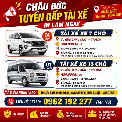 TUYỂN TÀI XẾ 7 VÀ 16 CHỖ CHÂU ĐỨC ⇄ TP.HCM