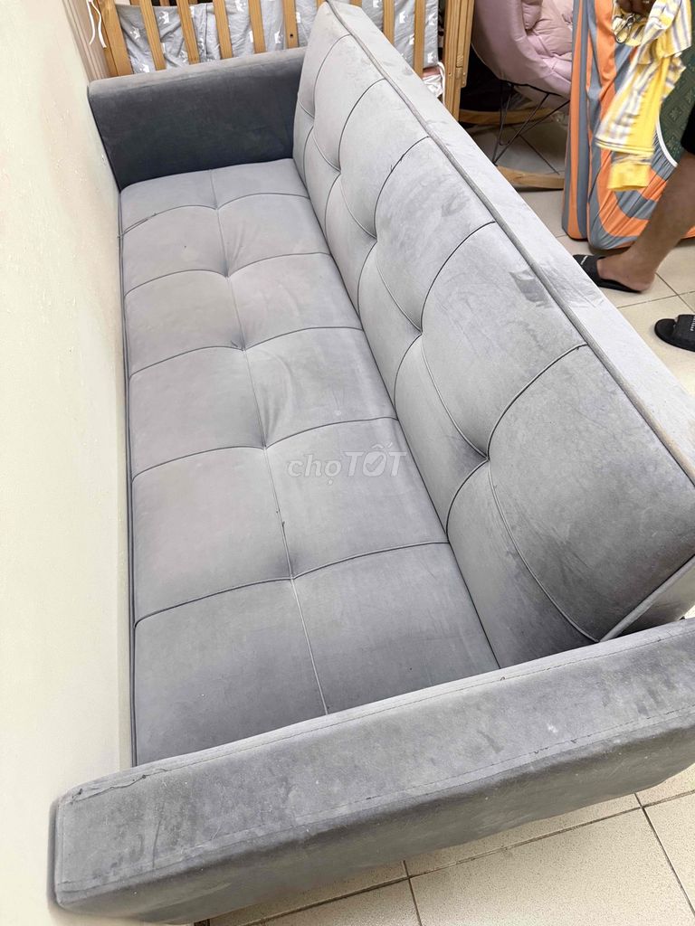 Sofa giường vải nhung màu xám