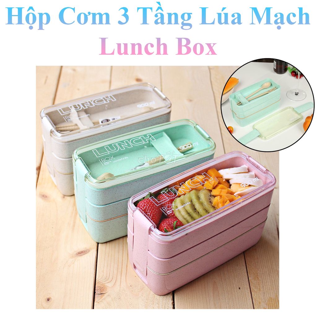 Hộp Cơm 3 Tầng Lúa Mạch LunchBox Tặng Kèm MuỗngNĩa