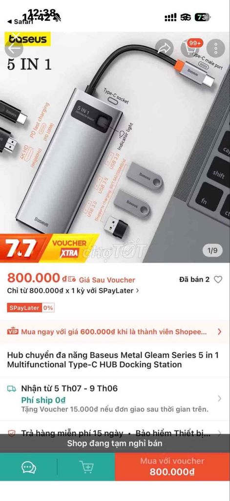 Baseus Metal Gleam Series Hub 5 in 1 Xám. Mua bán Phụ kiện (Màn hình, Chuột...) tại Quận Sơn Trà Đà Nẵng được đăng bởi laptop hình 1