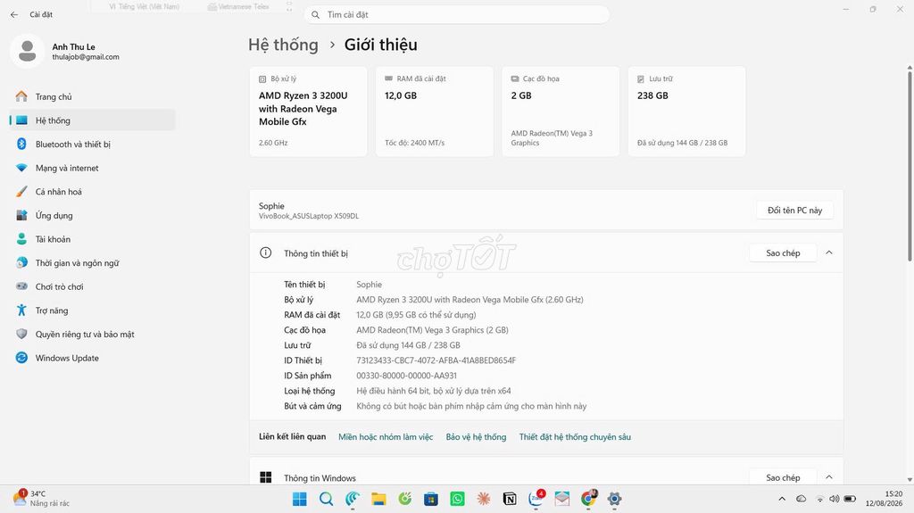 Asus Vivobook X509DL Ryzen 3. Mua bán Laptop tại Quận 3 Tp Hồ Chí Minh được đăng bởi Lê Khả Di hình 1