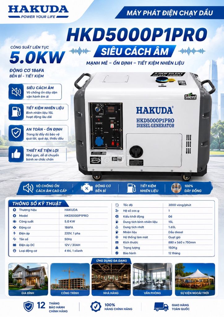 Máy phát điện dầu siêu êm Hakuda 5KW HKD5000P1PRO. Mua bán Đồ chuyên dụng, Giống nuôi trồng tại Quận Hoàng Mai Hà Nội được đăng bởi Hakuda Offical hình 1