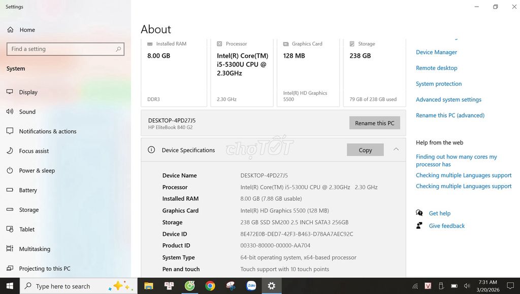 HP EliteBook 840 G2 i5-5300U 8GB/238GB. Mua bán Laptop tại Quận 12 Tp Hồ Chí Minh được đăng bởi Bảo hình 1