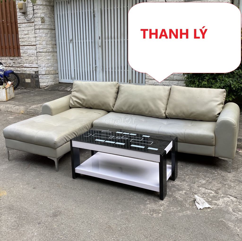 Bộ Ghế Sofa Chữ L bọc da chân inox + bàn 2 tầng