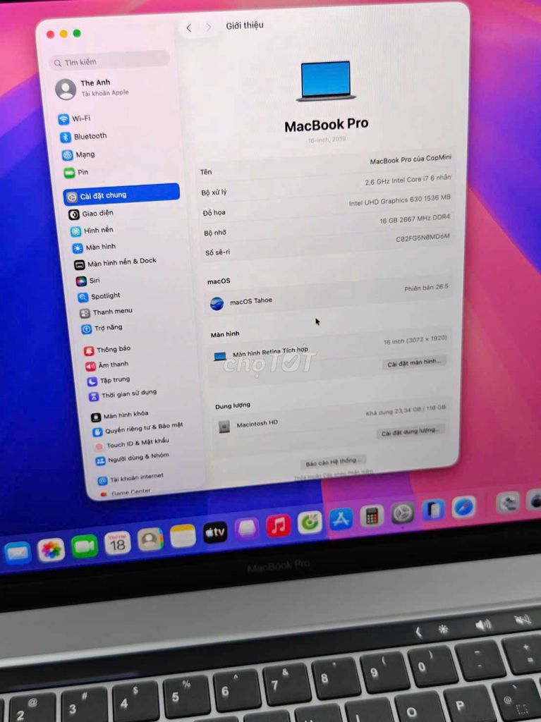 Apple MacBook Pro i7 16GB/512GB Retina 2019 Xám. Mua bán Laptop tại Huyện Gò Dầu Tây Ninh được đăng bởi Bùi Thế Anh hình 1