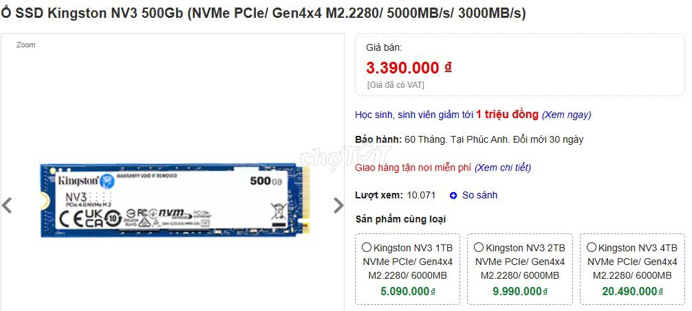 Ổ cứng SSD Kingston NV3 500GB. Mua bán Linh kiện (RAM, Card...) tại Huyện Đông Hưng Thái Bình được đăng bởi Trần Duy An hình 1