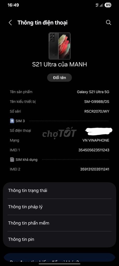 Samsung Galaxy S21 Ultra 5G 128GB Đen. Mua bán Điện thoại tại Huyện Thiệu Hóa Thanh Hóa được đăng bởi Mạnh Hoàng Đìnhhh Dcee hình 1