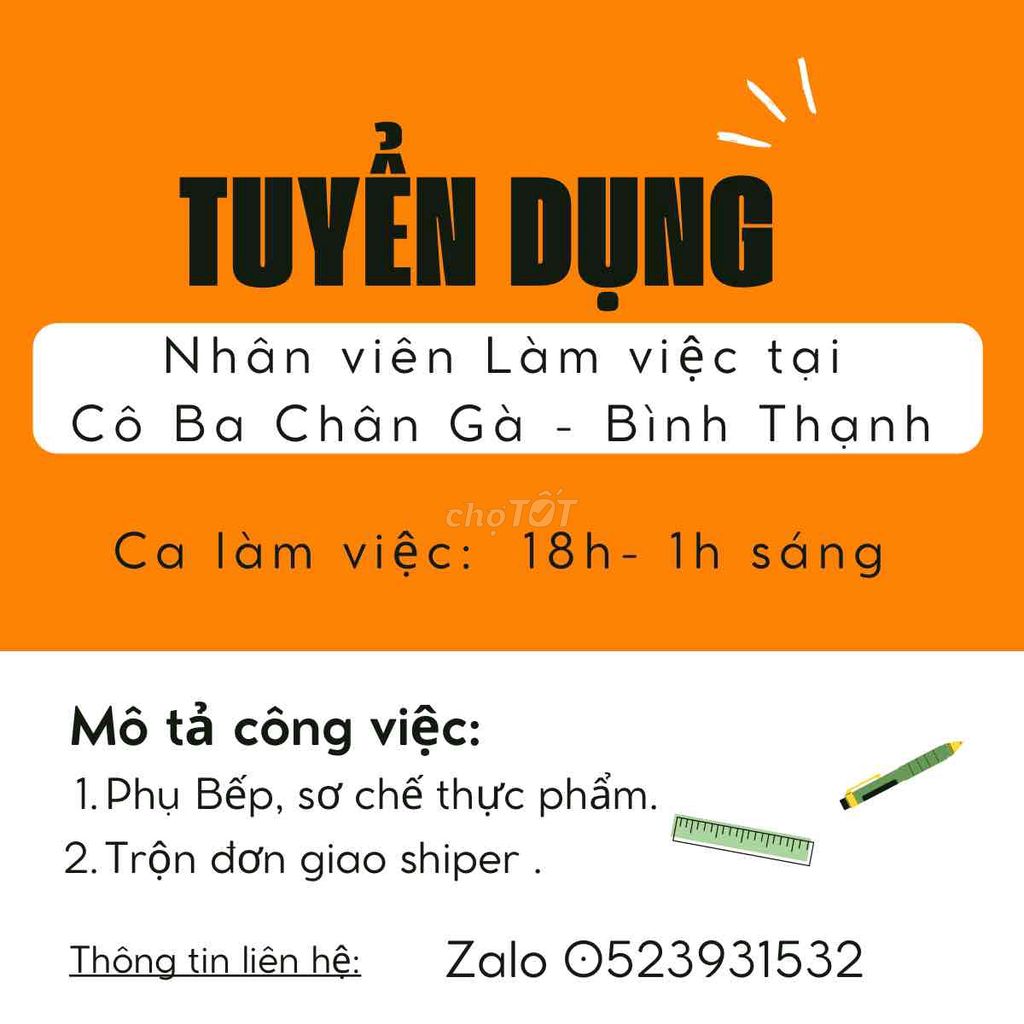 Tuyển phụ bếp quán tối làm tại Bình Thạnh.