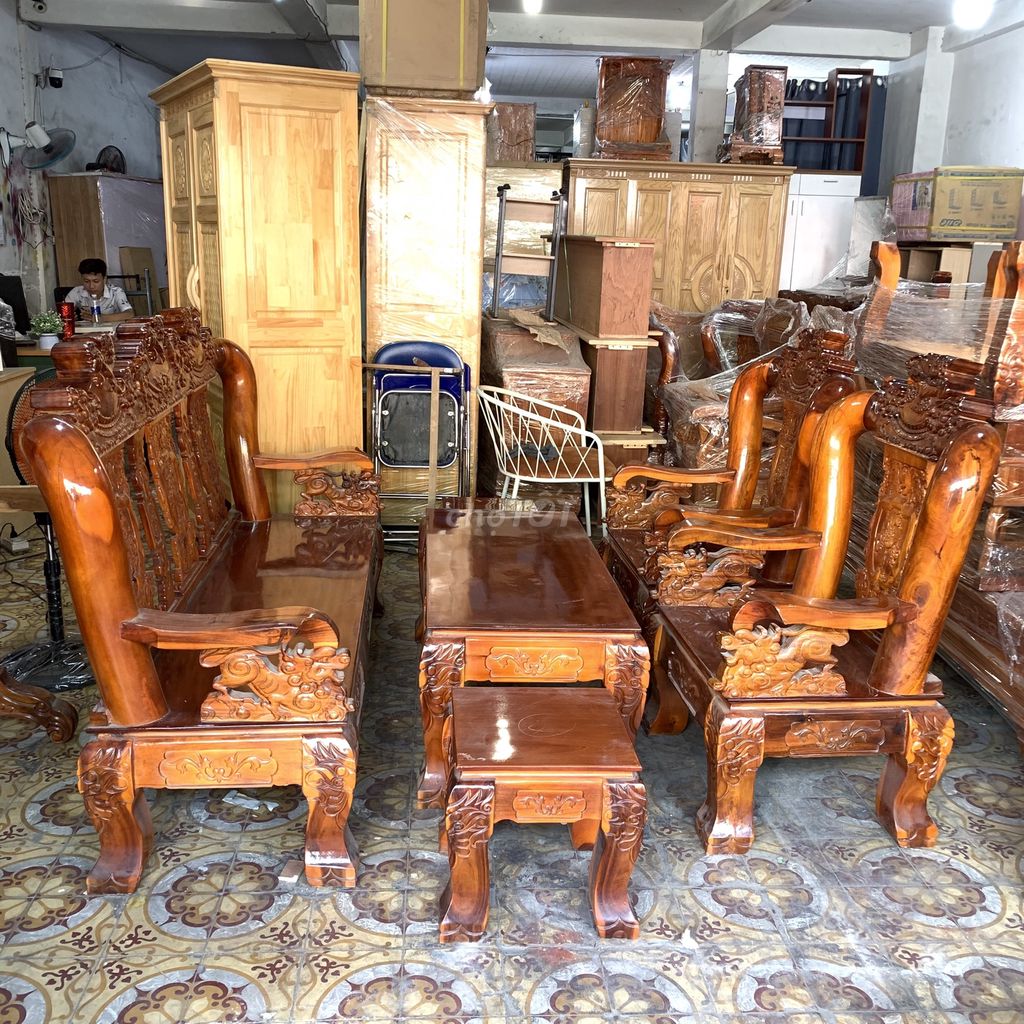 Bộ salon gỗ tràm tay 12 chạm Nghê, Bàn ghế gỗ