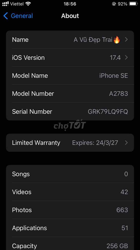 Apple iPhone SE3 2022 256GB Like New. Mua bán Điện thoại tại Huyện Vĩnh Cửu Đồng Nai được đăng bởi Nguyễn Xuân Vũ hình 1