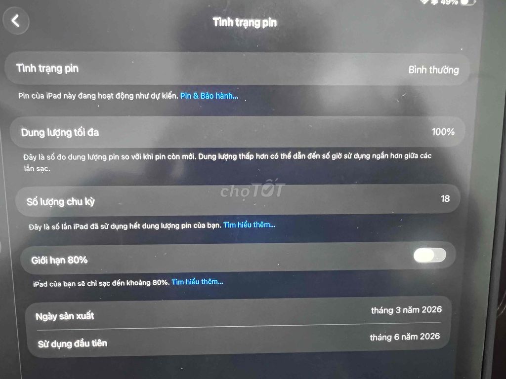 Apple iPad 2026 100% pin. Mua bán Máy tính bảng tại Quận Tân Bình Tp Hồ Chí Minh được đăng bởi Tom Nguyễn hình 1