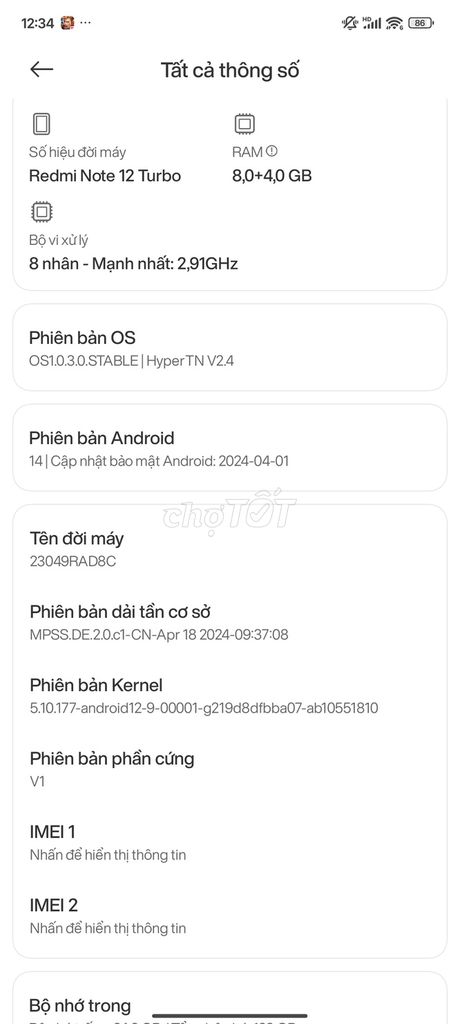 Xiaomi Redmi Note 12 Turbo 8GB Đen. Mua bán Điện thoại tại Huyện Xuyên Mộc Bà Rịa - Vũng Tàu được đăng bởi Anh Chung hình 1
