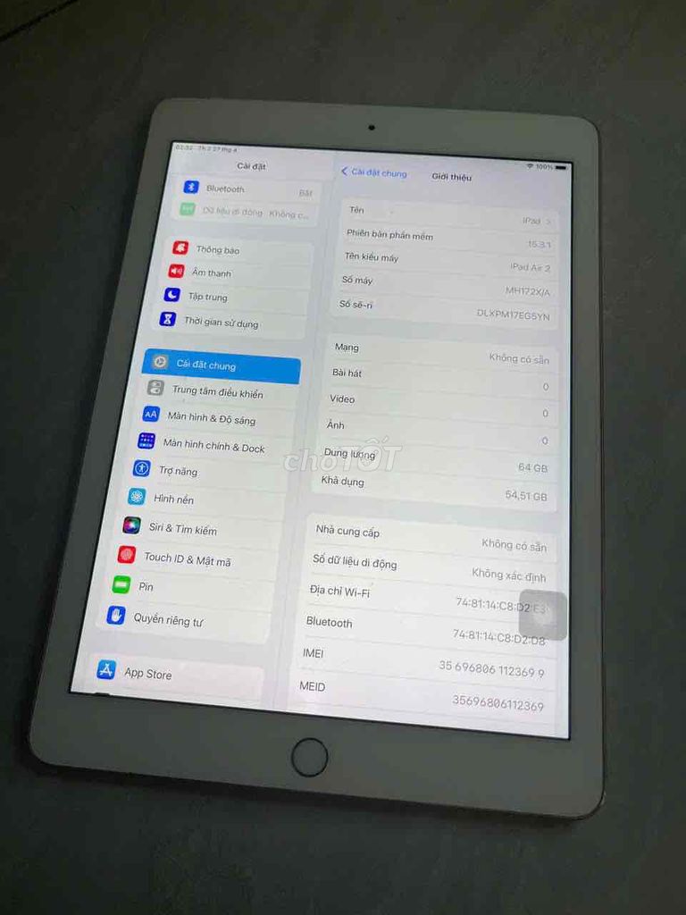 iPad Air 2 64GB icloud sạch có 4G mới thay pin ok. Mua bán Máy tính bảng tại Quận 8 Tp Hồ Chí Minh được đăng bởi điện thoại giá rẻ  hình 1