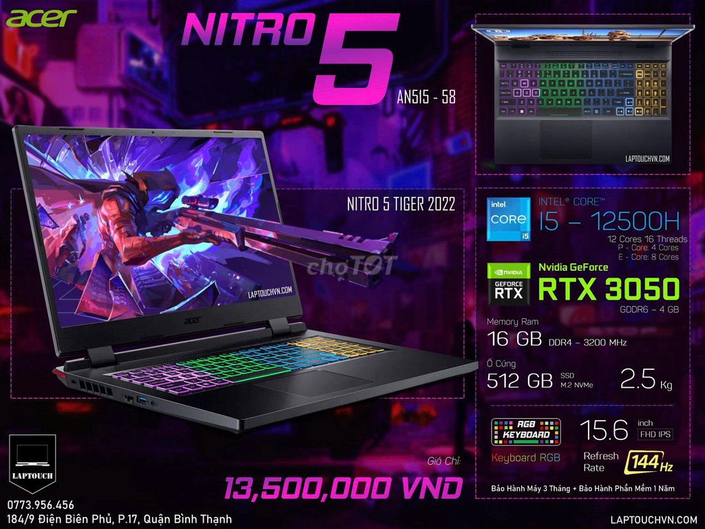 Acer Nitro 5 Tiger 2022 [ RTX 3050 ]. Mua bán Laptop tại Quận Bình Thạnh Tp Hồ Chí Minh được đăng bởi Cửa Hàng Máy Tính Laptouch VN hình 1