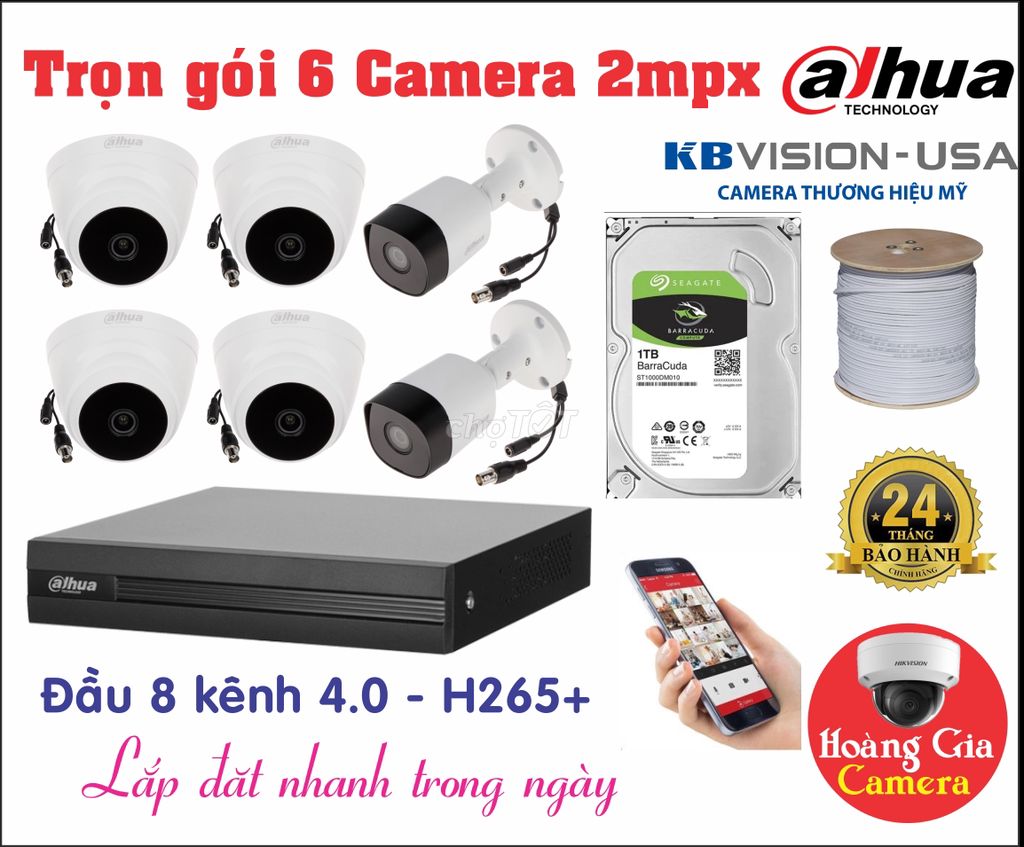Bộ 6 Camera HIKVISION, KBVISION, DAHUA (2mp-5mp)