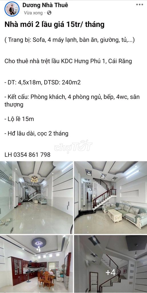 Nhà mới 2 lầu cho thuê 15tr/tháng tại Cần Thơ