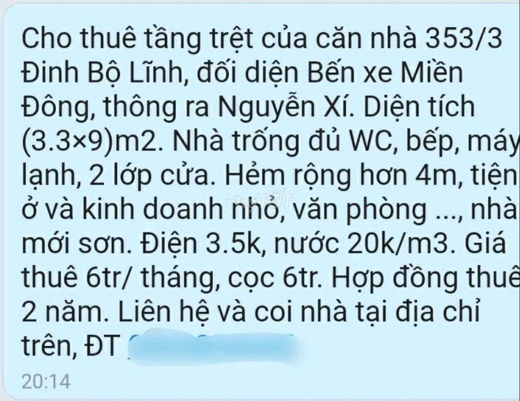 Nhà cấp 4, dt (3,3×9), hẻm thông đối diện BXMĐ, Nguyễn xí, bình thạnh