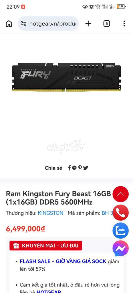 RAM Kingston Fury Beast DDR5 16GB 5600MHz. Mua bán Linh kiện (RAM, Card...) tại Huyện Phụng Hiệp Hậu Giang được đăng bởi Anh Duy hình 1