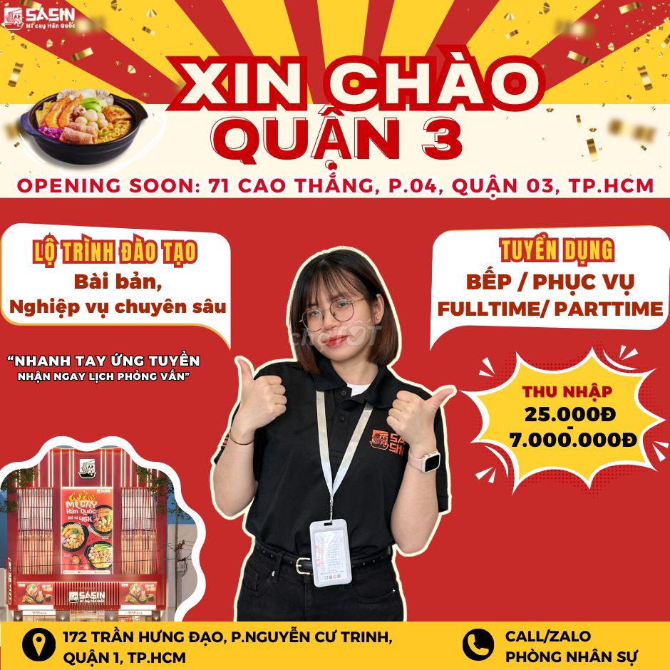 [QUẬN 3] SASIN CN MỚI TUYỂN 40 NHÂN VIÊN NHÀ HÀNG