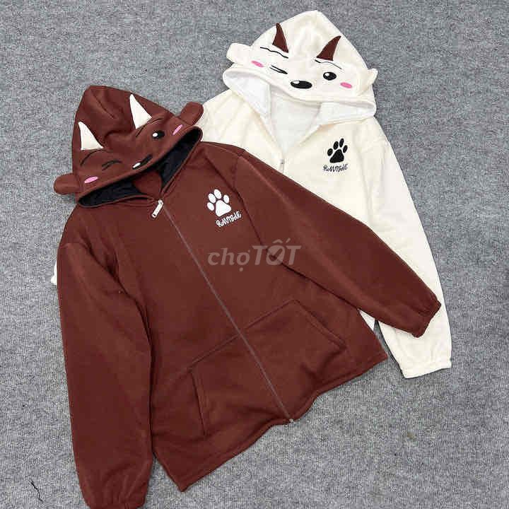 ÁO KHOÁC HOODIE NỮ IN CHÂN MÈO CÓ NÓN 2 SỪNG